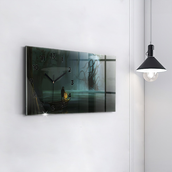 Ceas orizontale de perete din sticlă Om și monstru în mlaștină