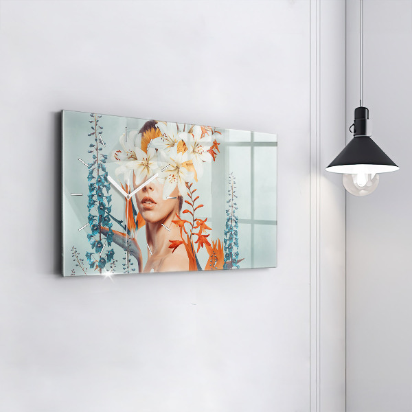 Ceas orizontale de perete din sticlă Femeie cu flori