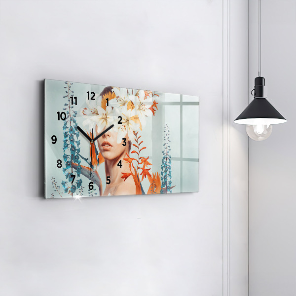 Ceas orizontale de perete din sticlă Femeie cu flori