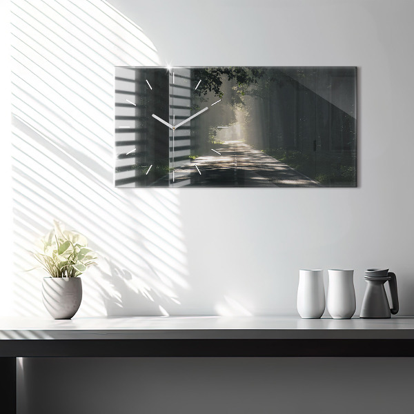 Ceas orizontale de perete din sticlă Drum forestier și dâre de lumină solară