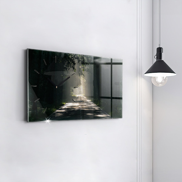 Ceas orizontale de perete din sticlă Drum forestier și dâre de lumină solară