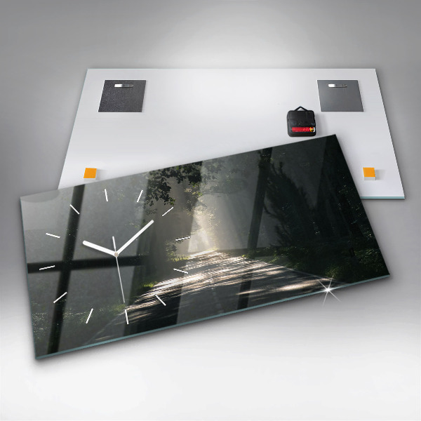 Ceas orizontale de perete din sticlă Drum forestier și dâre de lumină solară