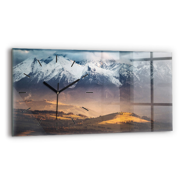 Ceas orizontale de perete din sticlă Munții Tatra în panorama montană de iarnă