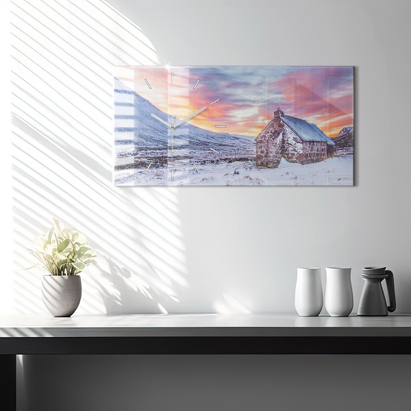 Ceas orizontale de perete din sticlă Cabană la munte