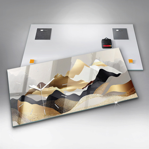 Ceas orizontale de perete din sticlă Munți de aur abstracti