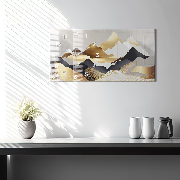 Ceas orizontale de perete din sticlă Munți de aur abstracti