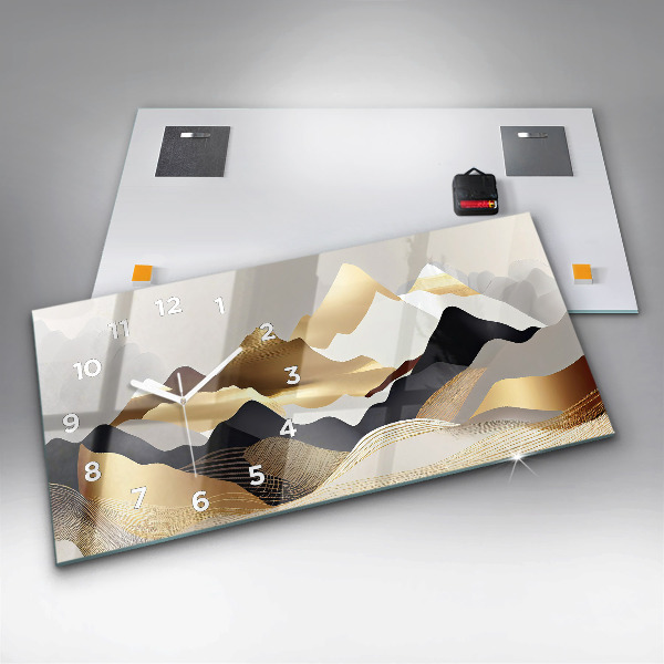 Ceas orizontale de perete din sticlă Munți de aur abstracti