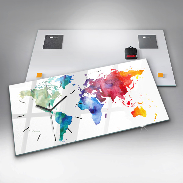 Ceas orizontale de perete din sticlă Harta lumii acuarela