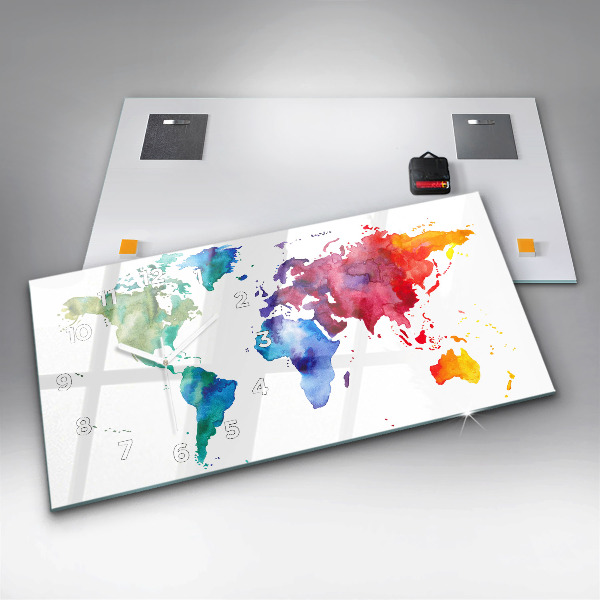 Ceas orizontale de perete din sticlă Harta lumii acuarela