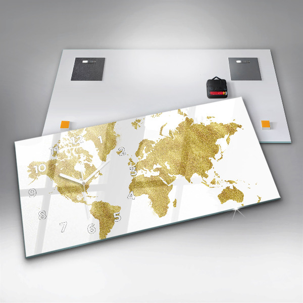 Ceas orizontale de perete din sticlă Harta lumii aurii