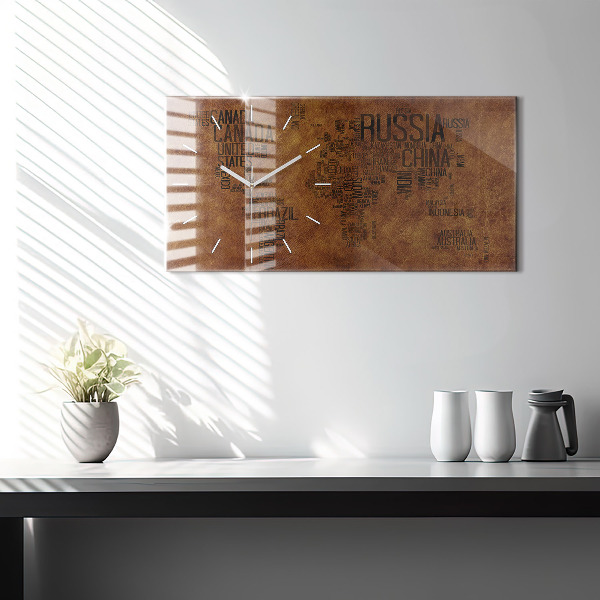 Ceas orizontale de perete din sticlă Harta cu numele țărilor