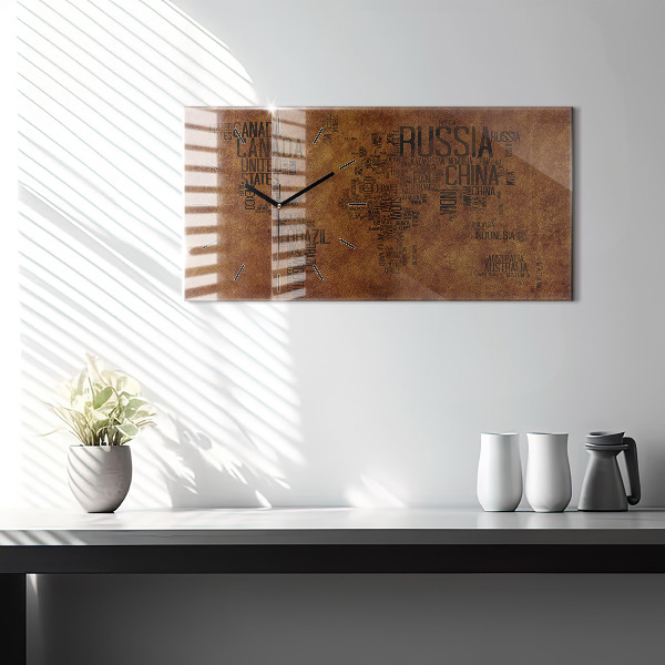 Ceas orizontale de perete din sticlă Harta cu numele țărilor