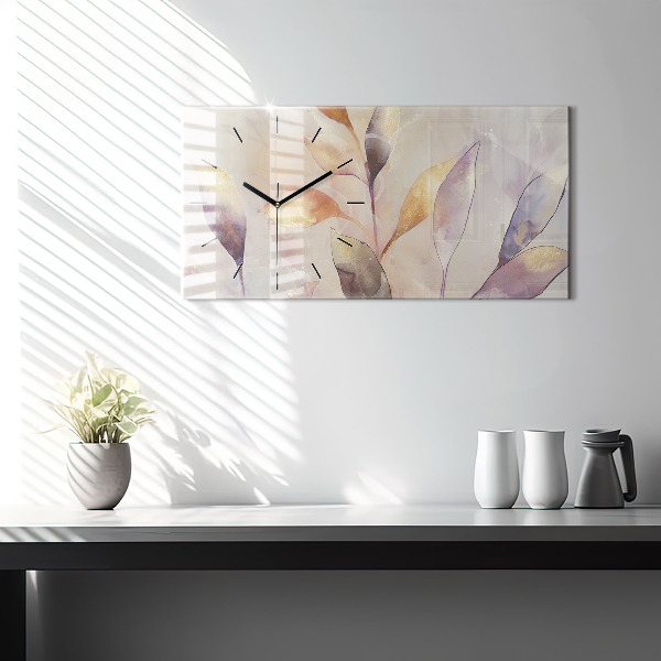 Ceas orizontale de perete din sticlă Frunze boho abstracte
