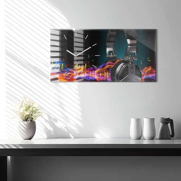 Ceas orizontale de perete din sticlă Căști și unde sonore