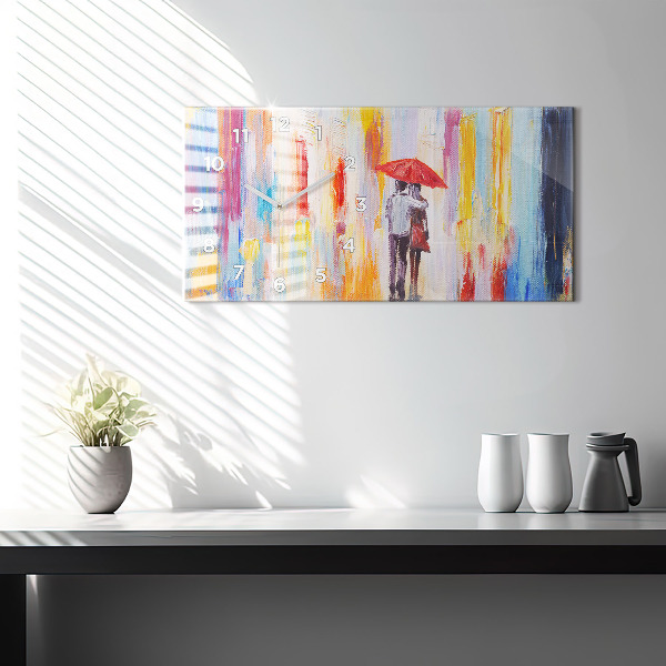 Ceas orizontale de perete din sticlă Cuplu în ploaie