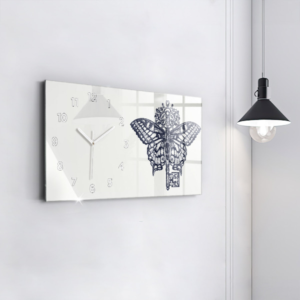 Ceas orizontale de perete din sticlă Stil boho fluture și cheie