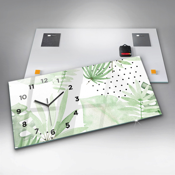 Ceas orizontale de perete din sticlă Frunze verzi
