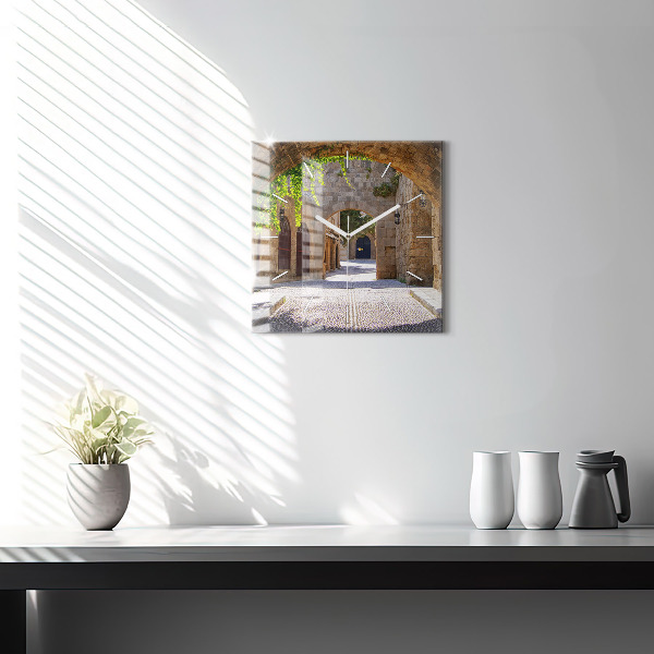 Ceas pătrat de perete din sticlă Strada pitoreasca din Rodos