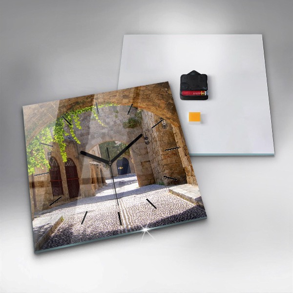 Ceas pătrat de perete din sticlă Strada pitoreasca din Rodos