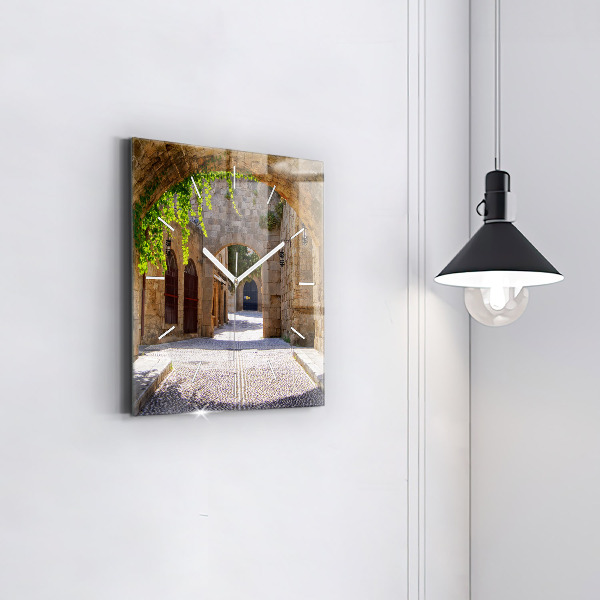 Ceas pătrat de perete din sticlă Strada pitoreasca din Rodos