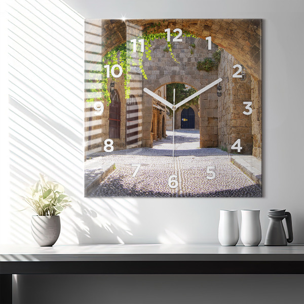 Ceas pătrat de perete din sticlă Strada pitoreasca din Rodos
