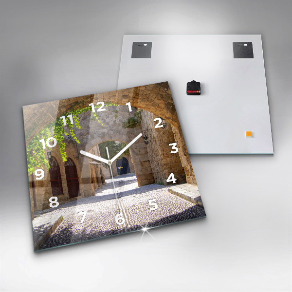 Ceas pătrat de perete din sticlă Strada pitoreasca din Rodos