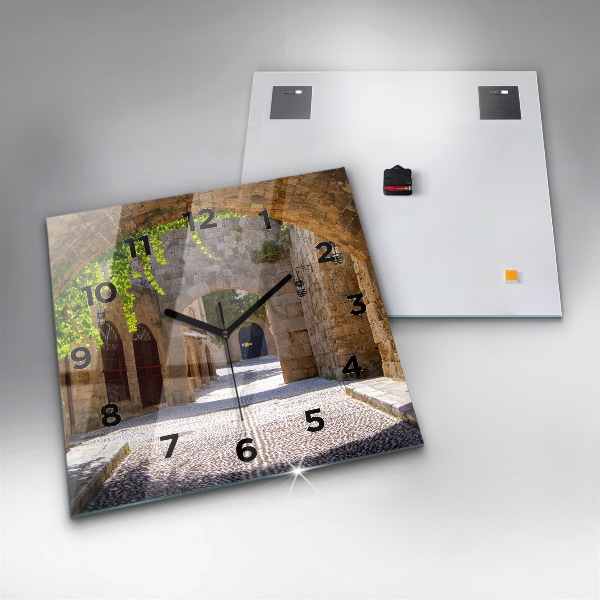 Ceas pătrat de perete din sticlă Strada pitoreasca din Rodos