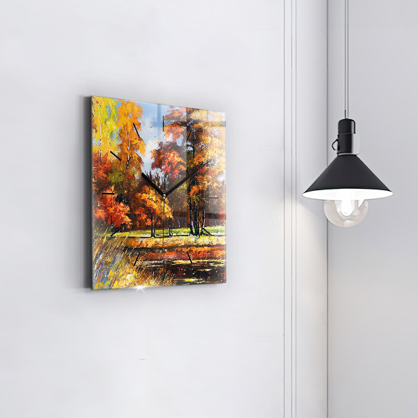 Ceas pătrat de perete din sticlă Peisaj de toamnă cu un râu