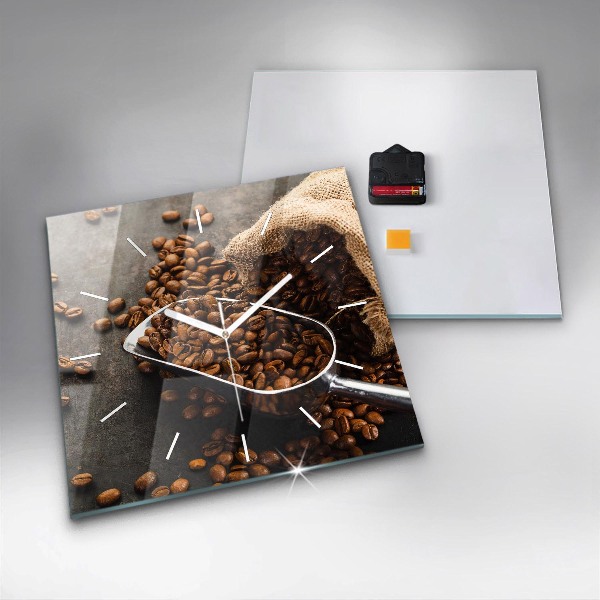 Ceas pătrat de perete din sticlă O pungă cu boabe de cafea