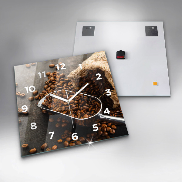 Ceas pătrat de perete din sticlă O pungă cu boabe de cafea