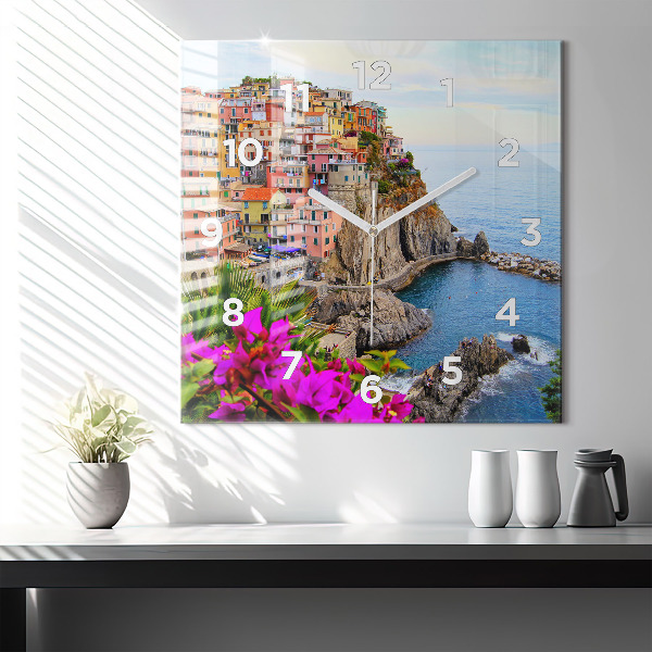 Ceas pătrat de perete din sticlă Coasta Cinque Terre