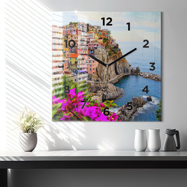 Ceas pătrat de perete din sticlă Coasta Cinque Terre