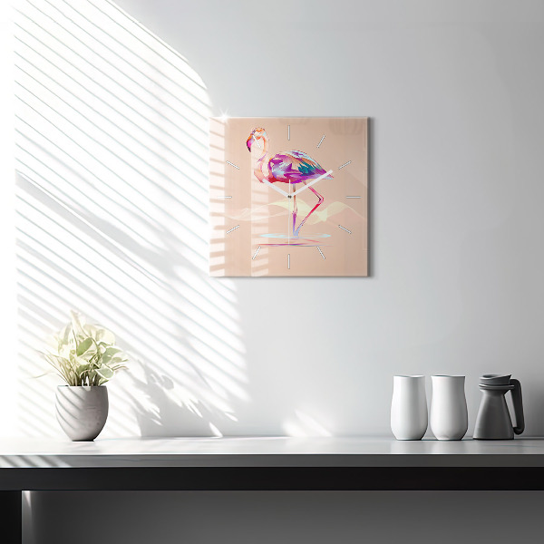 Ceas pătrat de perete din sticlă Ilustrație cu flamingo