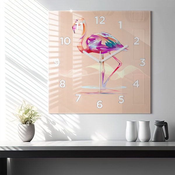 Ceas pătrat de perete din sticlă Ilustrație cu flamingo