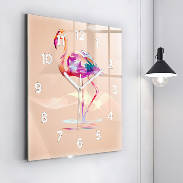 Ceas pătrat de perete din sticlă Ilustrație cu flamingo