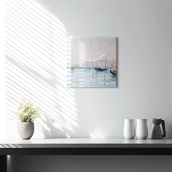 Ceas pătrat de perete din sticlă Pictură în ulei a unui iaht de mare