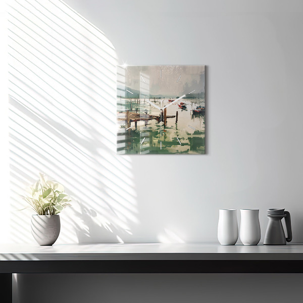 Ceas pătrat de perete din sticlă Barci de pescuit in port