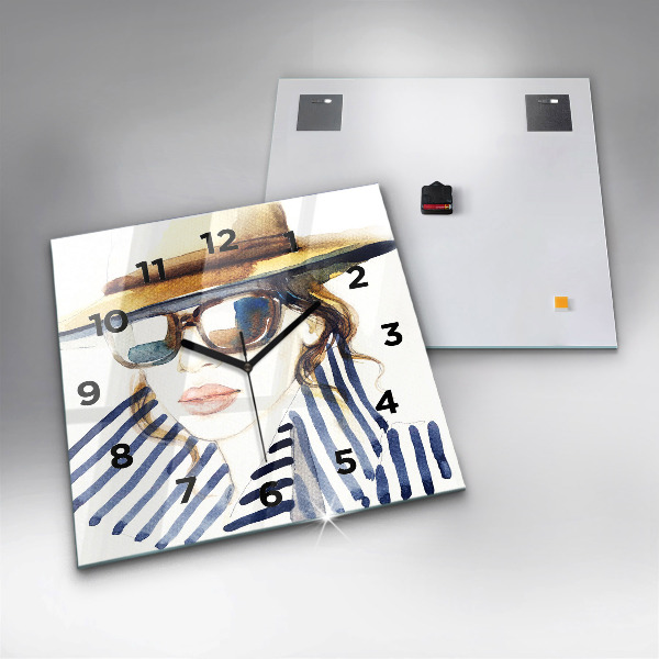 Ceas pătrat de perete din sticlă Față cu ochelari și pălărie