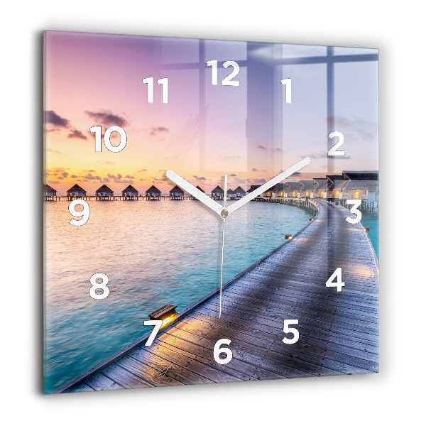 Ceas pătrat de perete din sticlă Apus de soare din Maldive