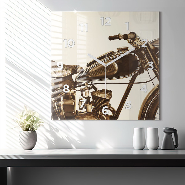 Ceas pătrat de perete din sticlă Motocicletă vintage sepia