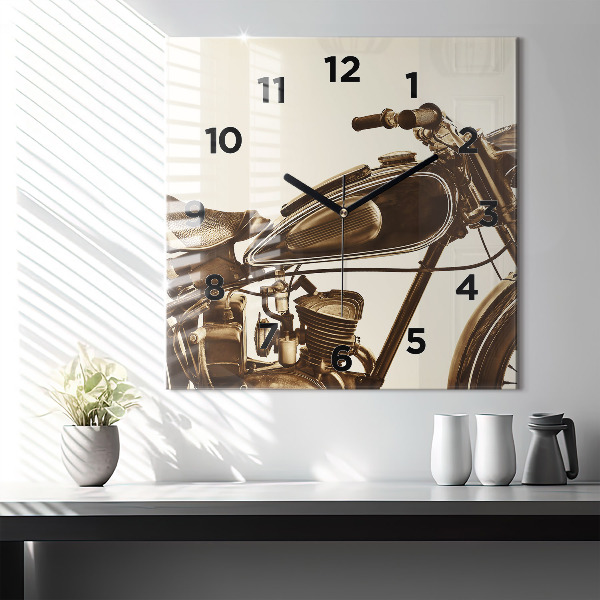Ceas pătrat de perete din sticlă Motocicletă vintage sepia