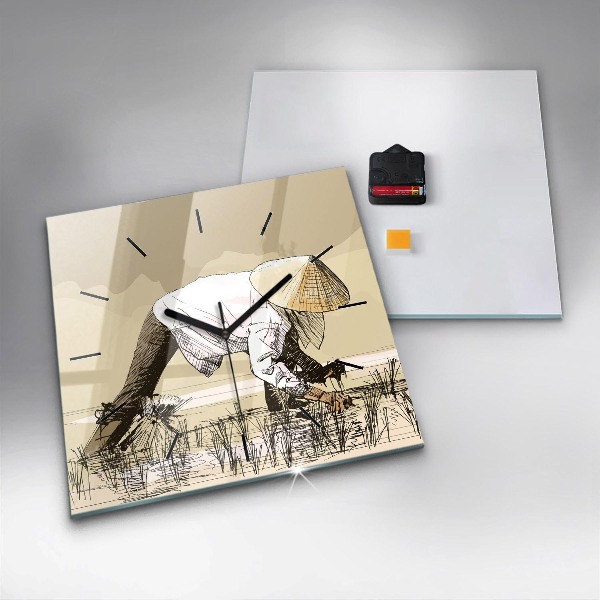 Ceas pătrat de perete din sticlă Femeie care culege orez