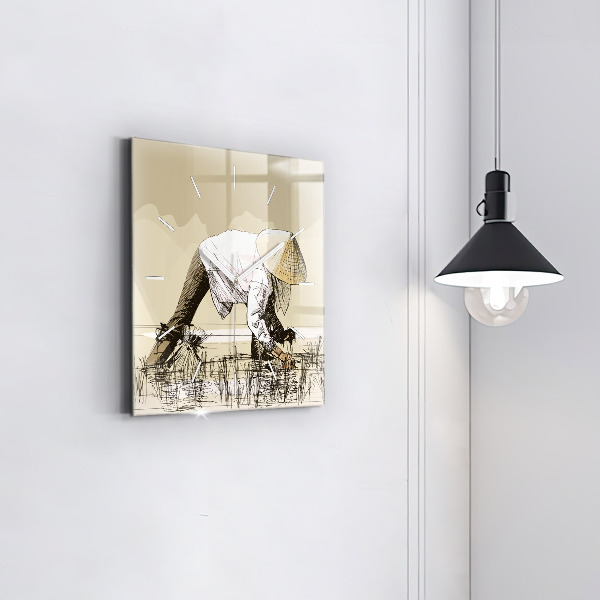 Ceas pătrat de perete din sticlă Femeie care culege orez