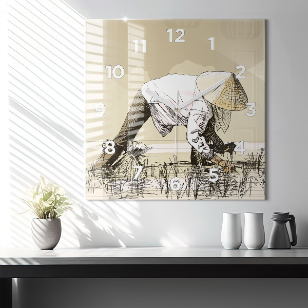 Ceas pătrat de perete din sticlă Femeie care culege orez