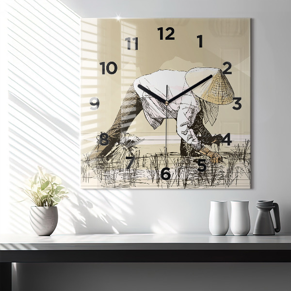 Ceas pătrat de perete din sticlă Femeie care culege orez