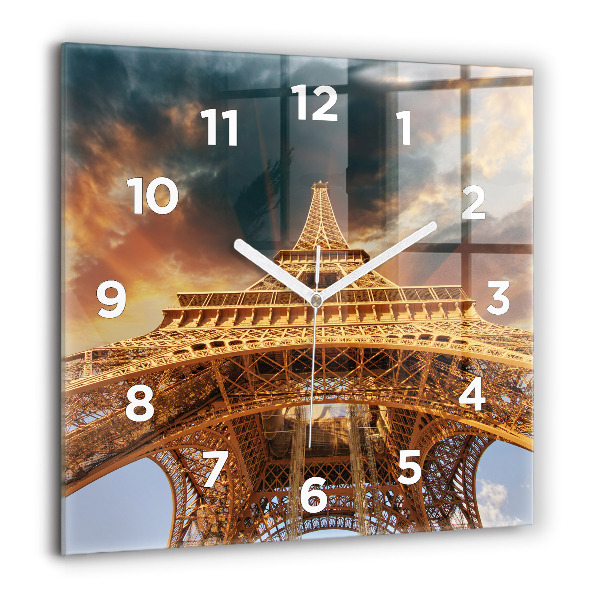 Ceas pătrat de perete din sticlă Turnul Eiffel pe fundalul norilor