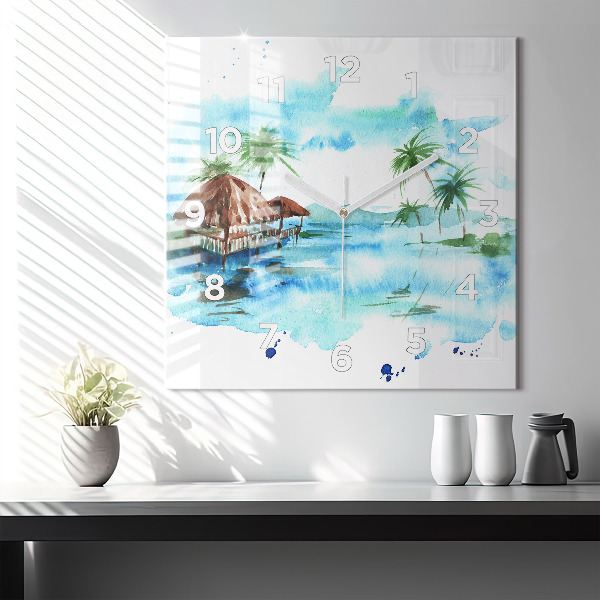 Ceas pătrat de perete din sticlă Imaginea unei insule pustie