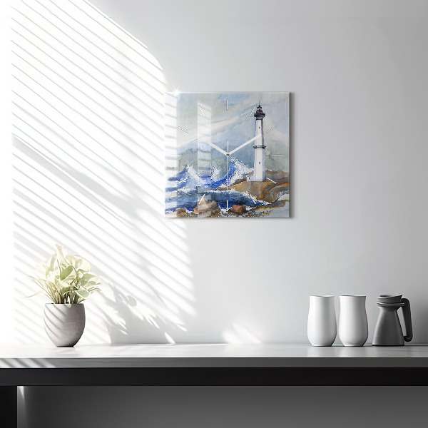 Ceas pătrat de perete din sticlă Marea și farul
