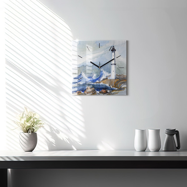 Ceas pătrat de perete din sticlă Marea și farul