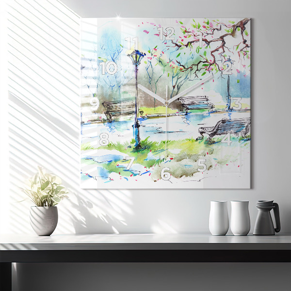 Ceas pătrat de perete din sticlă Primavara pitoreasca